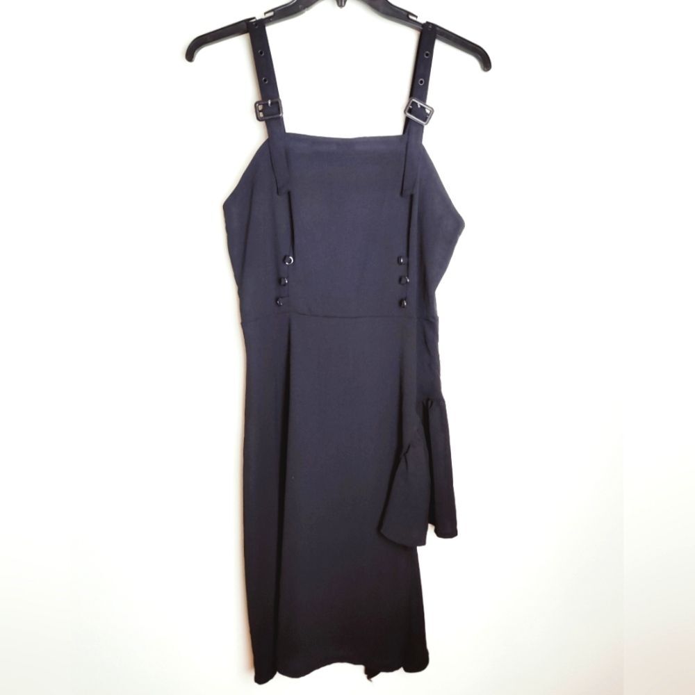 Mingdu Black Strap Bondage Midi Dress w Ruffle Side Slit, Sz XL